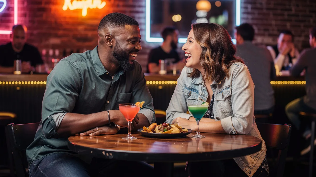 A mixed-race couple is enjoying a fun evening at a bar in Philadelphia, surrounded by a cozy atmosphere and soft lights. They are engaged in lively conversation over drinks, celebrating their relationship and making the most of their romantic date night.