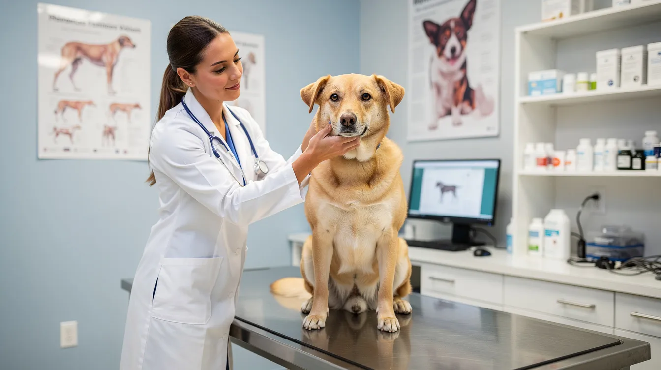 A veterinarian is gently examining a calm dog in a clinical setting, showcasing the importance of vet care and animal welfare at the lost dogs home. The serene atmosphere reflects a commitment to responsible pet ownership and the care for abandoned dogs in the community.