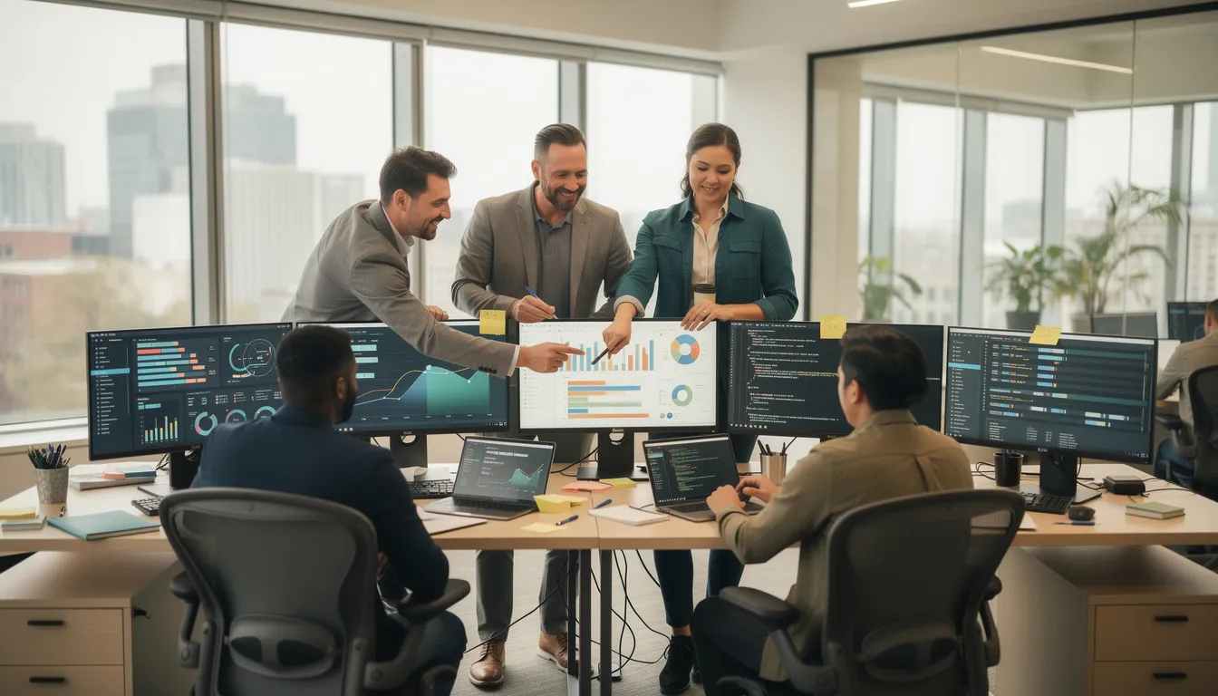 The image depicts a diverse team of professionals collaborating in a modern office space, surrounded by multiple monitors displaying various data and reports. This environment reflects a focus on teamwork and productivity, essential for effectively managing tasks related to credit monitoring services and financial data analysis.