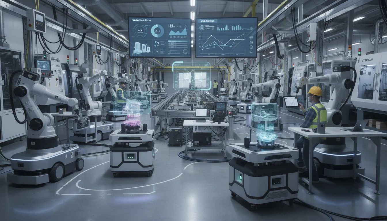 The image depicts a smart manufacturing facility featuring interconnected robotic systems and IoT sensors, showcasing technological innovations that enhance industrial processes. This environment illustrates how automation and artificial intelligence optimize operations and improve productivity in the business world.