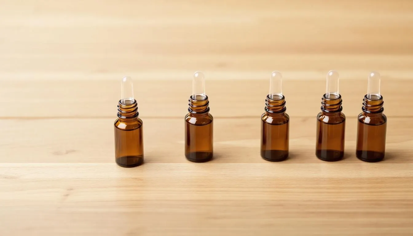 The image features several small dark glass bottles with droppers, neatly arranged on a wooden surface, suggesting they contain herbal tinctures like calendula tincture, known for its healing properties. The bottles evoke a sense of natural wellness, potentially holding products derived from calendula flowers, which are used for skin care and wound healing.