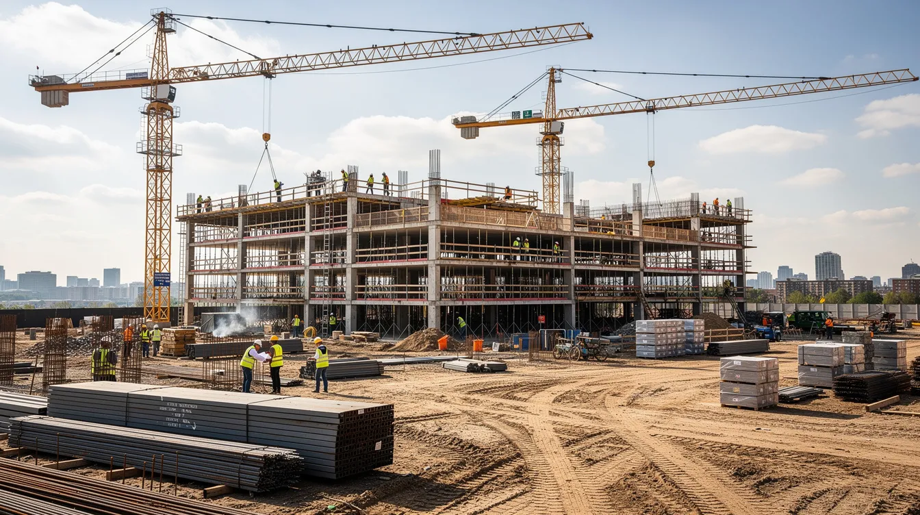 The image depicts a large commercial construction site bustling with activity, featuring towering cranes and numerous workers engaged in various tasks. This scene highlights the importance of contract surety bonds, which provide financial protection and guarantee performance in construction projects, ensuring that obligations are met and minimizing risks for all parties involved.