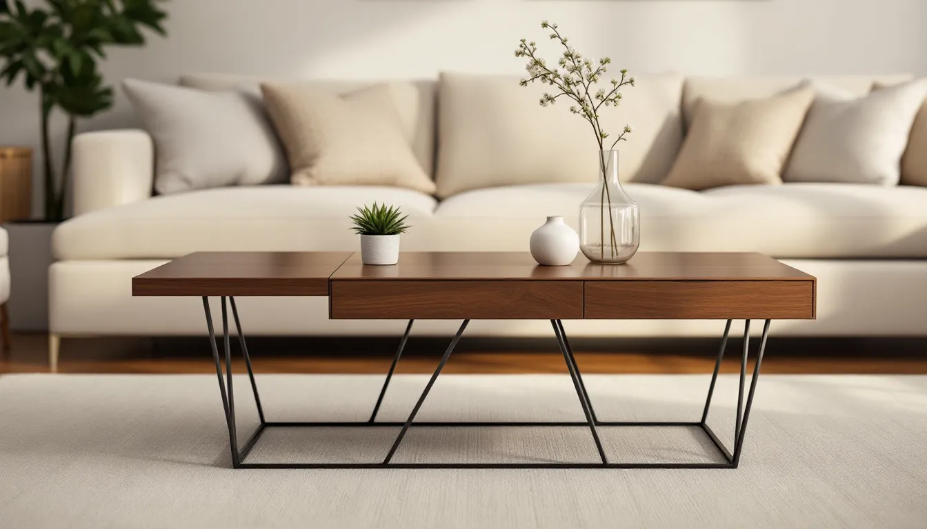 A stylish coffee table placed in a cozy living room setting.