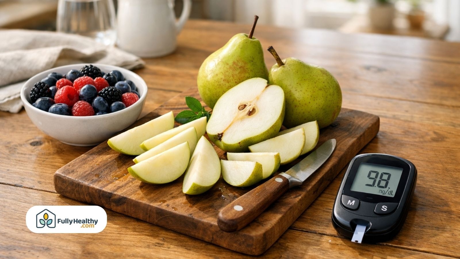 Fresh sliced pears with berries and blood glucose meter on table