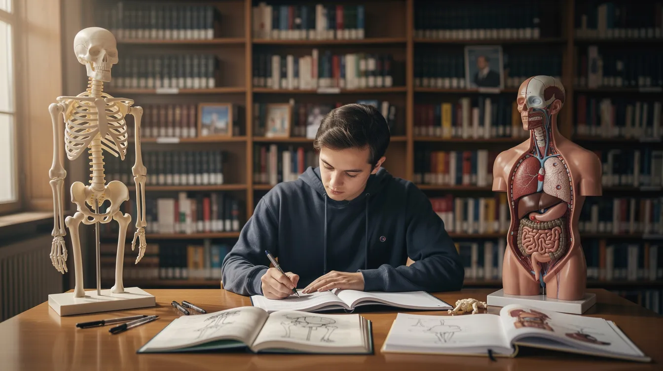 A student is focused on studying anatomy models in a quiet library, surrounded by books and resources that support their medical education and skills development. This setting emphasizes the importance of learning and readiness for clinical challenges in the field of surgery.
