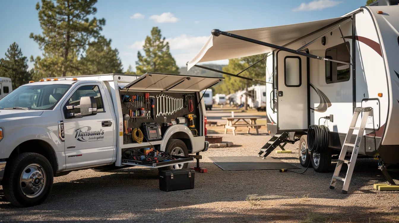 A mobile RV repair truck is parked next to a large camper in a sunny campground, with various tools visible around the site, indicating that RV owners can receive expert assistance for routine maintenance and emergency repairs. Certified technicians are prepared to address common issues and perform major repairs on-site.