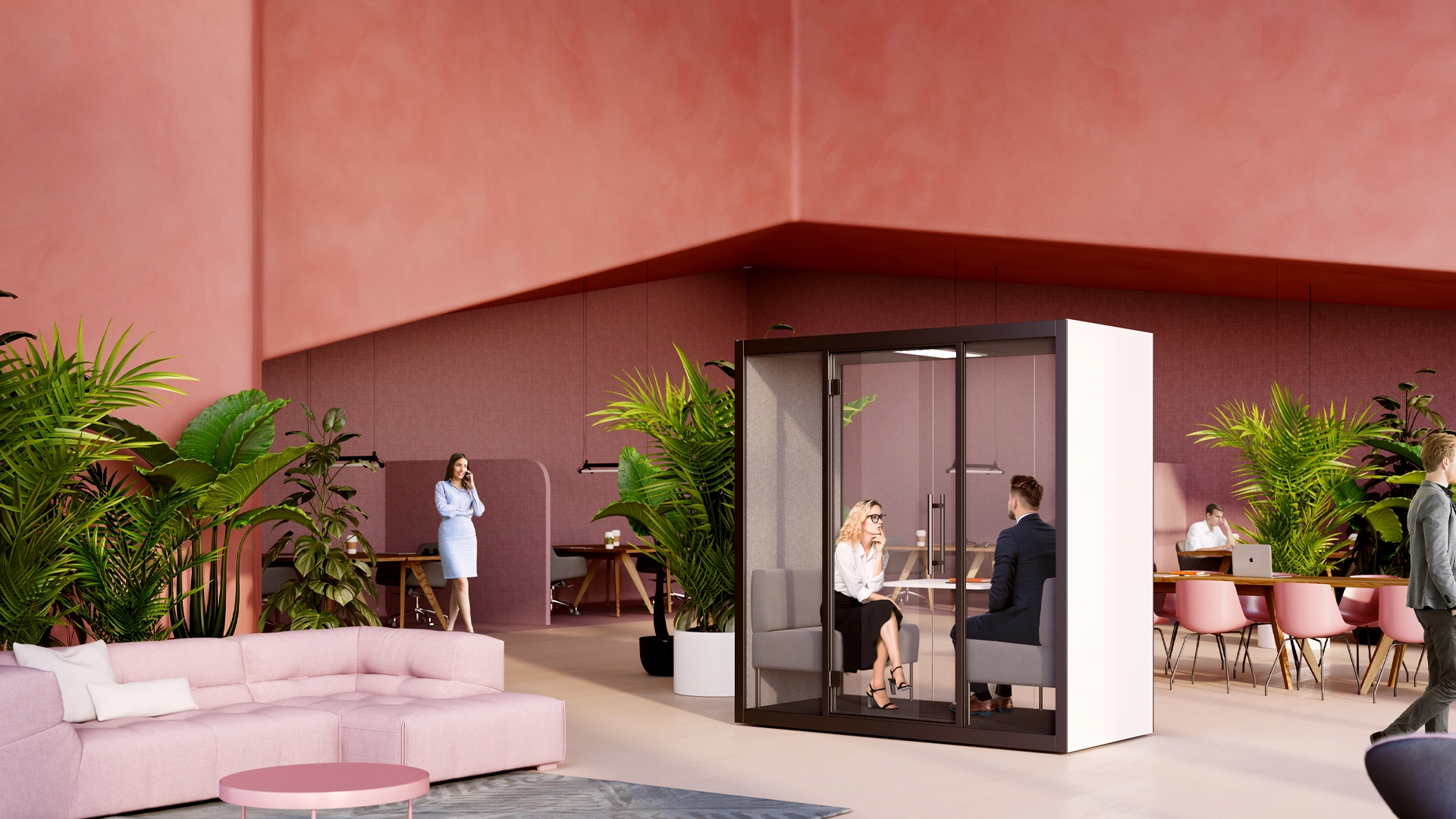 Modern office pod providing a quiet, comfortable workspace