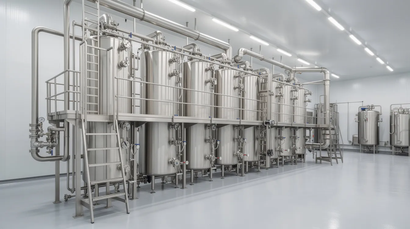 cce81b81 f12d 4180 bb82 1f95d38f8bce The image depicts a large stainless steel multi-effect falling-film evaporator system located inside an industrial dairy processing facility, essential for the milk powder production process. This equipment is designed to concentrate liquid milk into a fine powder, utilizing advanced spray drying technology to enhance the drying process and ensure high thermal efficiency.