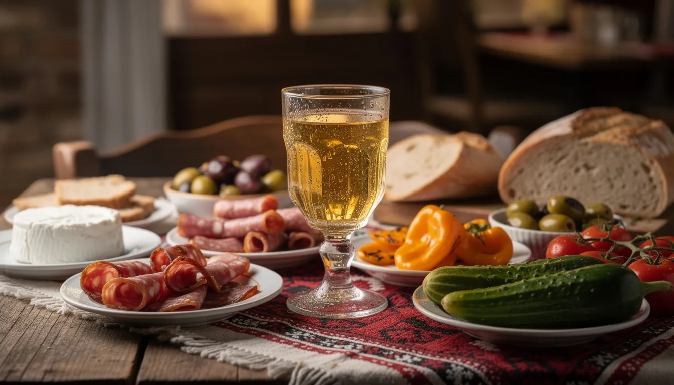 La imagen muestra una copa de rakia tradicional búlgara acompañada de diversos aperitivos locales, como carne de cerdo, ensalada shopska y queso. Estos platos son parte esencial de la gastronomía búlgara, ofreciendo una mezcla de sabores que representan la rica cultura culinaria del país.