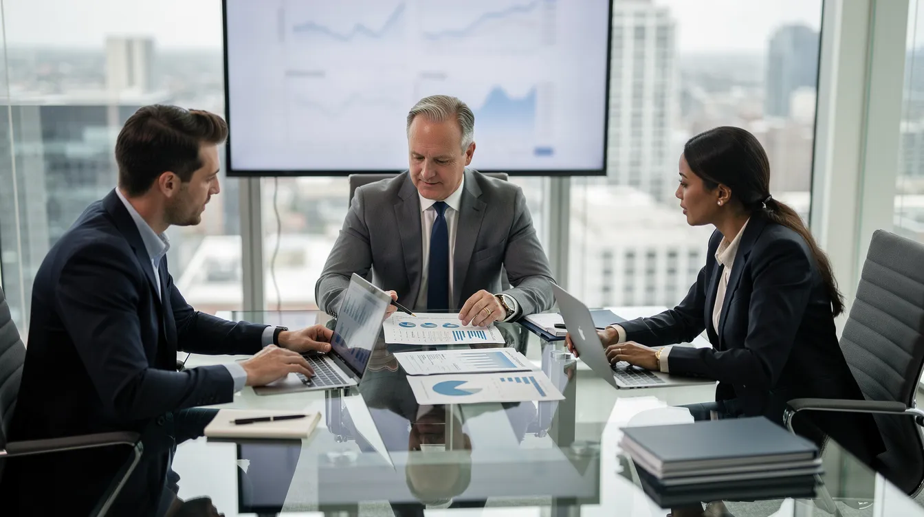 A business owner is seated at a conference table, reviewing financial statements and legal documents with advisors, discussing the selling process of their small business and strategies to attract potential buyers. The atmosphere is focused, highlighting the importance of due diligence and professional valuation in achieving a successful transaction.