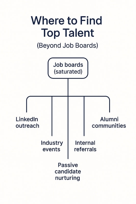 A branching diagram infographic titled "Where to Find Top Talent (Beyond Job Boards)." It starts with a central box labeled “Job boards (saturated)” and branches out into five alternative talent sourcing methods: LinkedIn outreach, Industry events, Alumni communities, Internal referrals, and Passive candidate nurturing. The design uses navy text, simple lines, and a white background to emphasize clarity and a strategic approach to recruitment. ChatGPT fragen