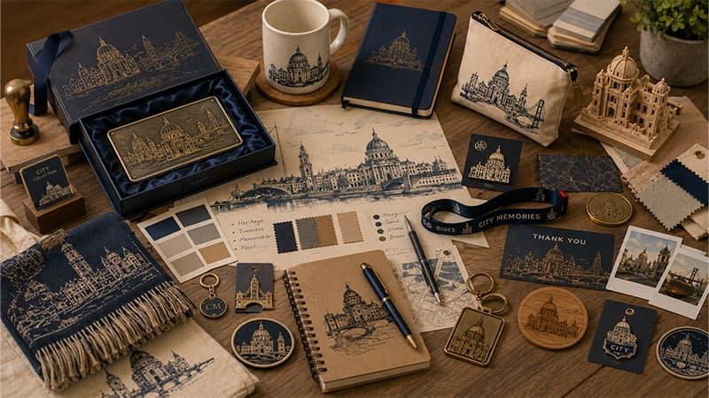Personalized souvenir ideas featuring custom magnets, keychains, mugs, tote bags, apparel, and gift sets
