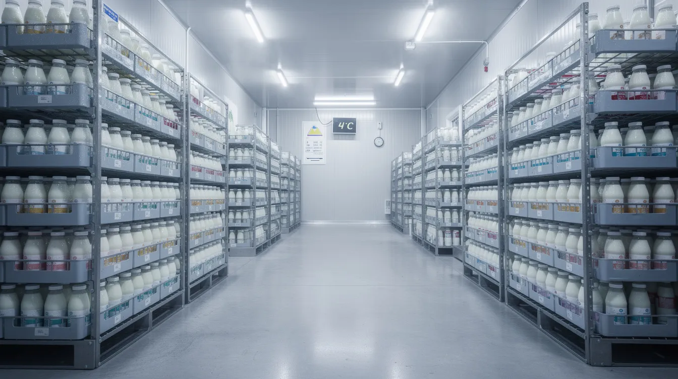 ccee3b18 dc64 4532 babe 2376d21cbd3a The image depicts a modern cold storage room filled with stacked crates of packaged dairy beverage bottles, showcasing the efficient organization essential for managing operating costs and maximizing profit margins in a dairy plant. This facility plays a crucial role in ensuring stable demand and optimizing future cash flows within the dairy farm businesses.
