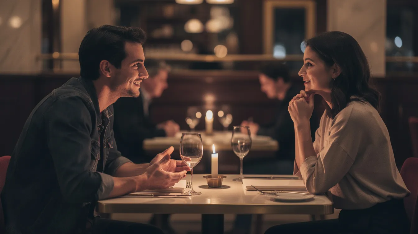 Two people are sitting at a candlelit table in a cozy restaurant, engaged in an intimate conversation during a romantic date night. The light-filled dining room creates a warm atmosphere, perfect for sharing delicious dishes and enjoying a full meal together.