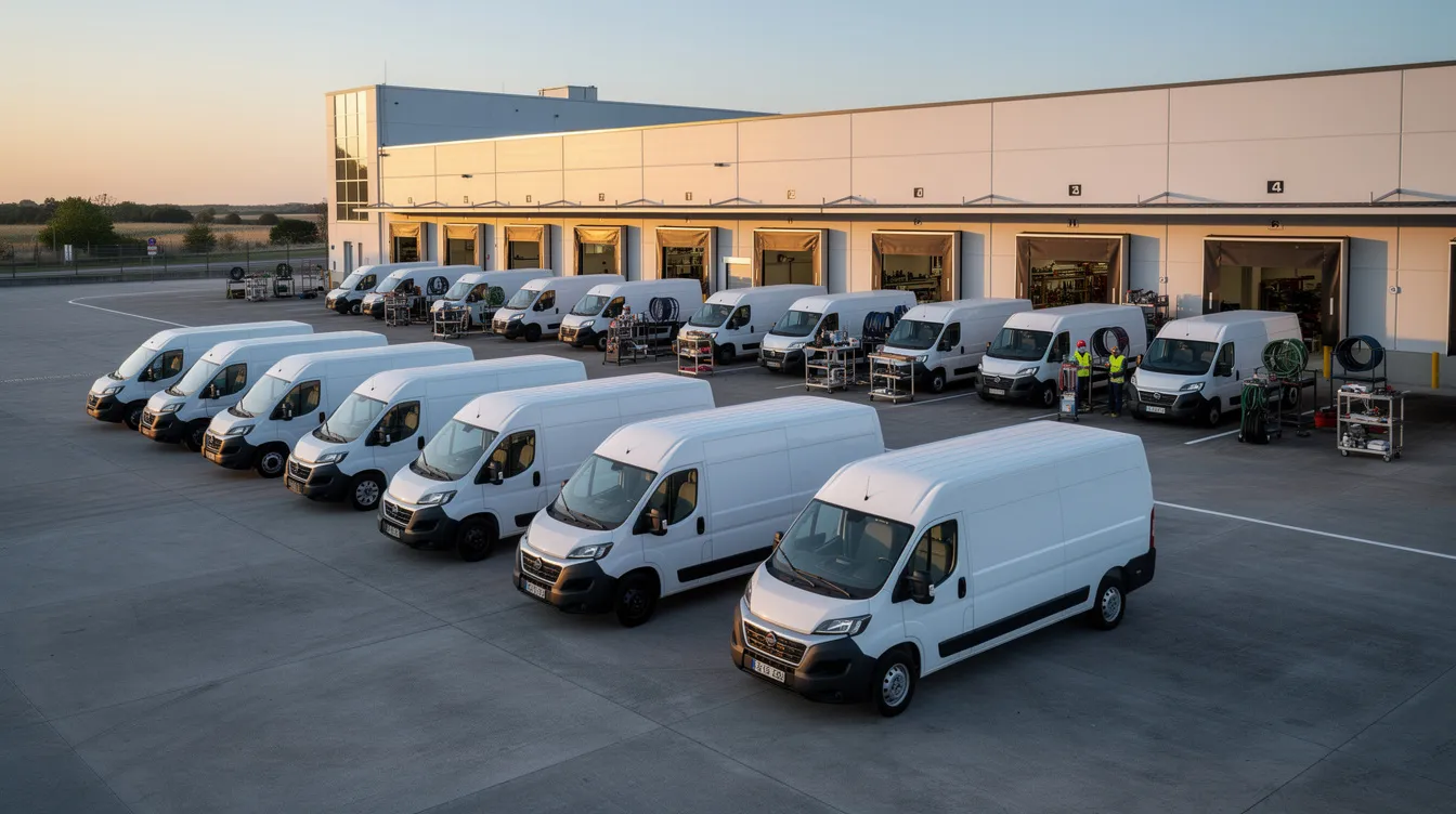 A fleet of delivery vehicles is parked neatly at a depot, ready for the GPS Insight installation process. The scene captures the anticipation of the vehicles awaiting their upgrades to enhance operational efficiency.