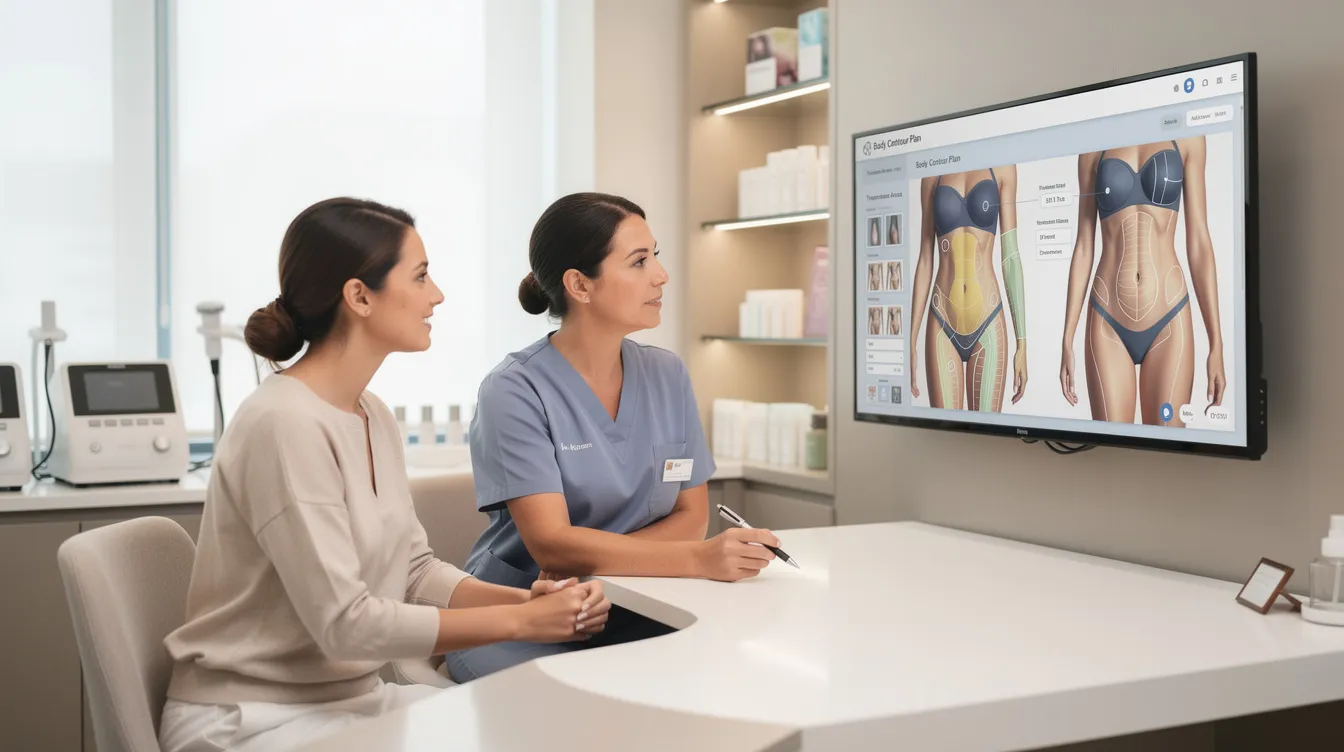 A patient is consulting with a medical provider in a modern medspa clinic, as they view body contour images on a large screen. The discussion focuses on non-surgical fat reduction techniques, including methods to destroy stubborn fat cells and achieve desired results without the need for traditional liposuction.