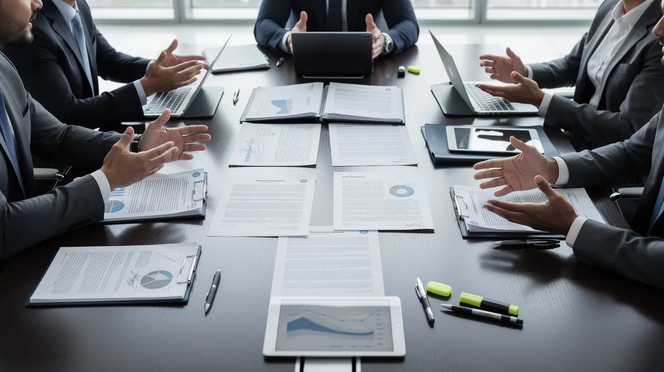The image depicts a business meeting with a conference table covered in various documents and contracts, indicating discussions about web design services and potential collaborations with a professional web design company. Participants are likely engaging in the web design process and evaluating the right web design agency for their business objectives.