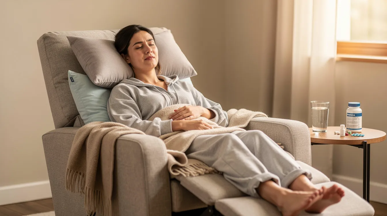 A woman is resting comfortably on a recliner, supported by plush pillows, during her breast augmentation recovery. Her upper body is elevated to help minimize swelling, a common part of the healing process following breast augmentation surgery.