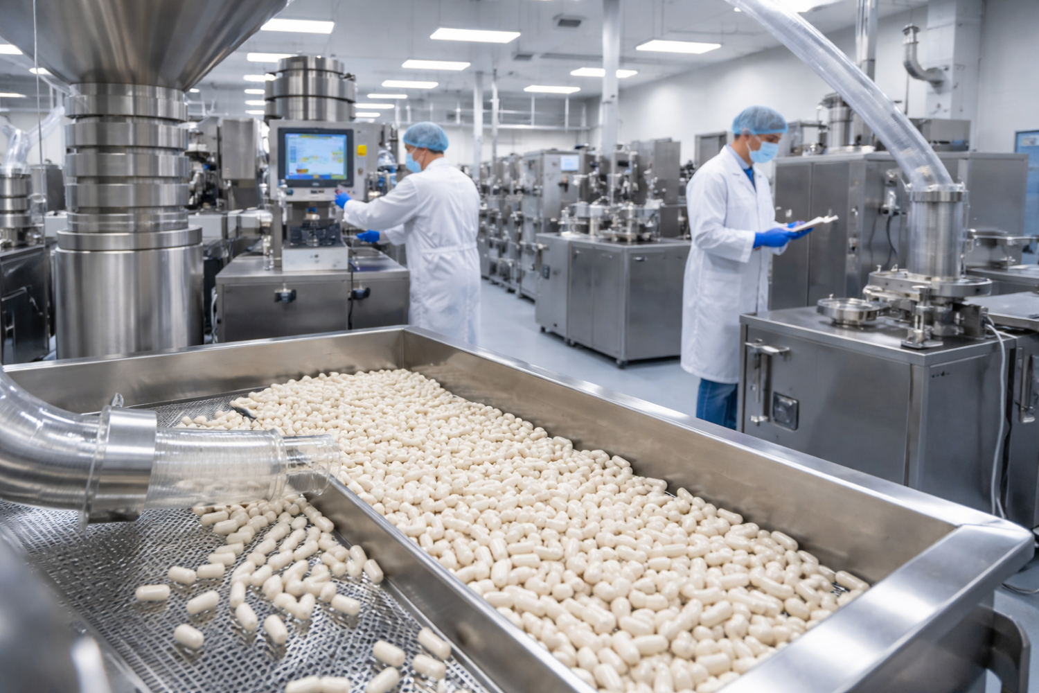 A capsule contract manufacturer that dispenses supplements into a container.