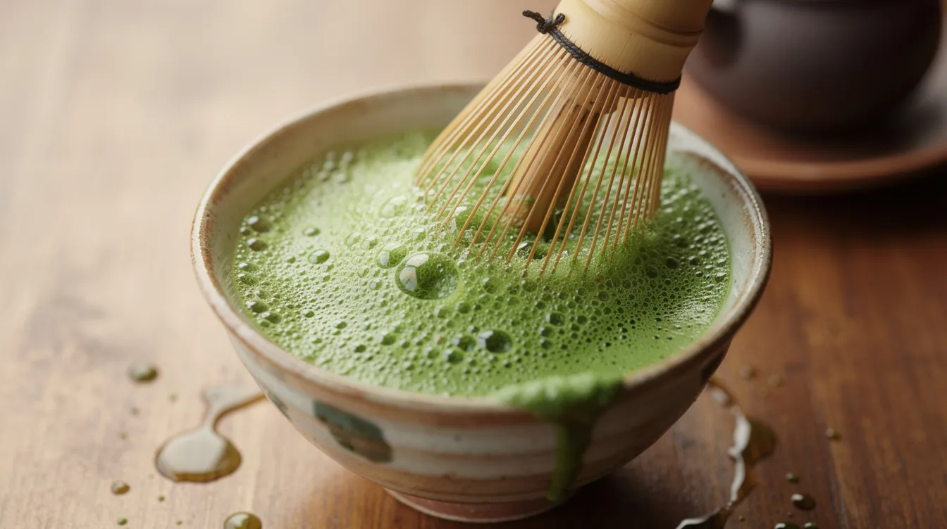 A bamboo whisk is skillfully creating foam in a small ceramic bowl filled with vibrant green matcha tea, showcasing the rich aroma and color of Japan's finest green tea. The scene captures the essence of preparing matcha, highlighting its smooth texture and authentic taste.