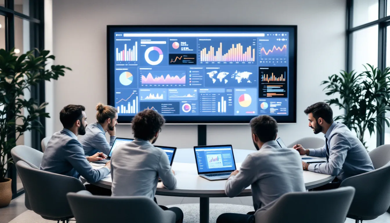 In the image, a group of data analysts collaborates around a large interactive display, which showcases various data visualizations and charts, illustrating a modern data management approach. The analysts are engaged in discussions about data integration and access, utilizing a leading data virtualization platform to analyze data from multiple sources and gain valuable insights.