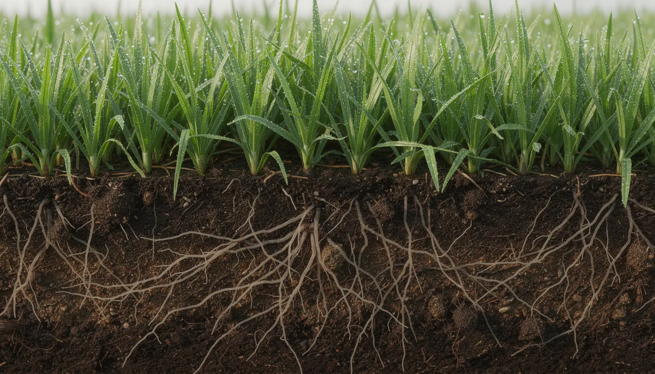 A close-up view of lush green grass blades reveals their healthy structure, with visible soil and roots beneath, showcasing the beauty of a well-maintained lawn. This image highlights the intricate relationship between grass roots and soil, essential for creating a perfect lawn in a natural environment.