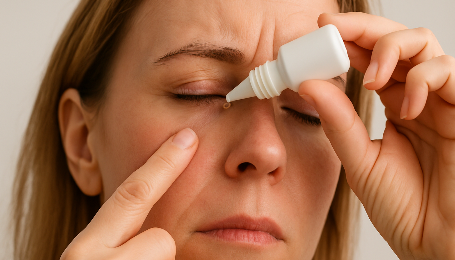 Kvinne drypper øyedråper i øyet for å lindre tørre øy.