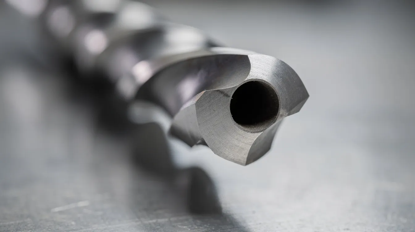 The image shows a close-up view of a carbide gun drill tool tip, highlighting its single cutting edge and coolant channel designed for efficient chip removal during the deep hole drilling process. This precision tool is essential for producing highly accurate holes in tough materials using advanced drilling technology.