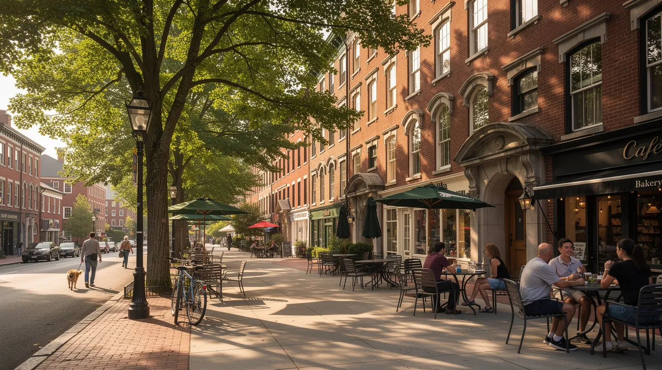 The image depicts a historic street in downtown New Haven, showcasing charming brick buildings and leafy sidewalks lined with cafes and restaurants, creating a vibrant community atmosphere. This walkable neighborhood is ideal for students and residents seeking a lively urban experience.