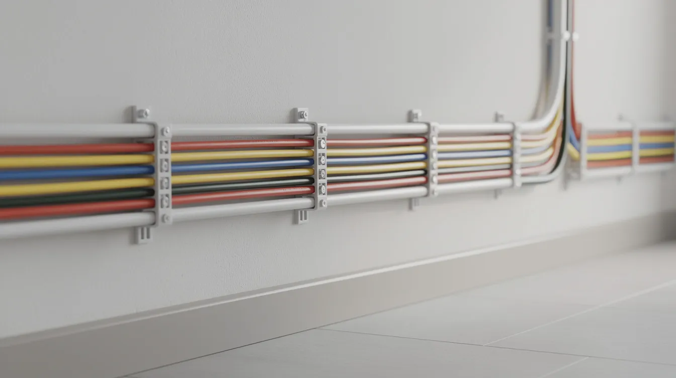 The image shows a close-up view of a professional DSTV installation, highlighting neatly routed cables along a wall, ensuring efficient service and long-term reliability for crystal clear reception. This meticulous setup reflects the quality workmanship of accredited DSTV installers in Plettenberg Bay.