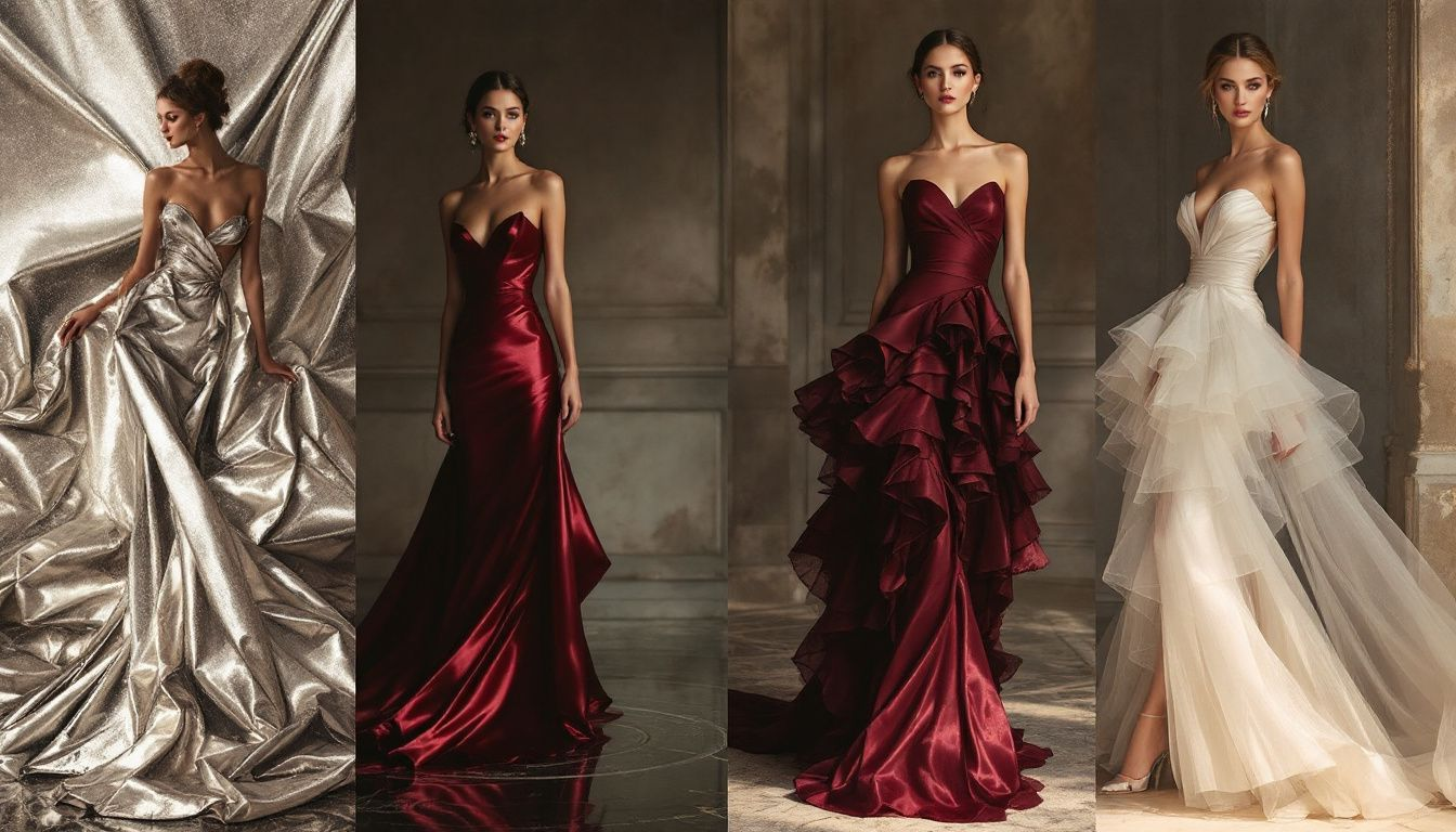 A selection of satin dresses showcasing different styles.