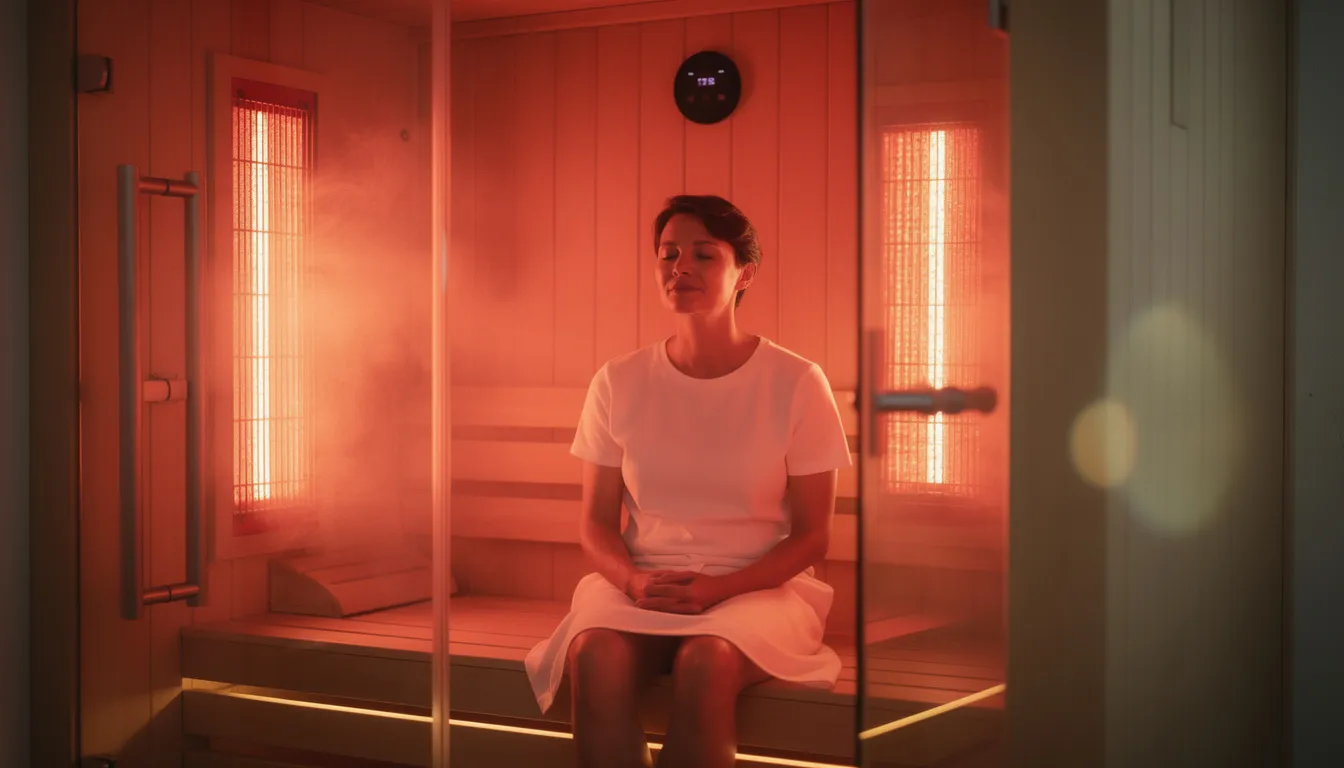 A person sits peacefully in an infrared sauna, surrounded by glowing red LED panels that emit infrared heat, creating a calming atmosphere for their infrared sauna session. This serene setting is ideal for enhancing relaxation and promoting overall wellness through infrared sauna therapy.