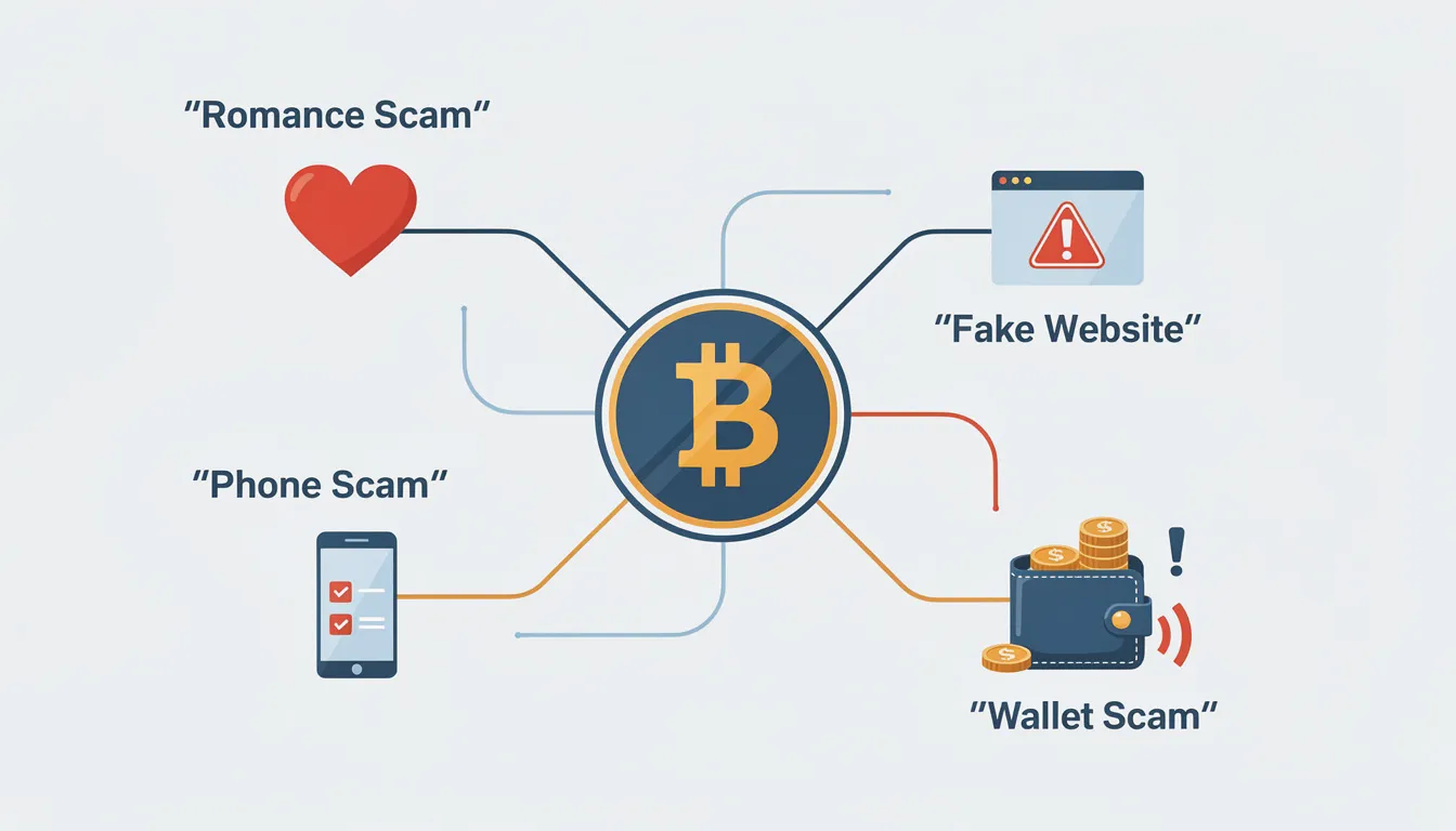 Cette illustration présente une carte mentale avec un nœud central affichant le symbole des cryptomonnaies, se ramifiant vers différents types d'escroqueries, représentés par des icônes telles qu'un cœur, un faux site web, un téléphone mobile et un portefeuille. Ces éléments illustrent les risques de fraude liés aux investissements en cryptos et mettent en évidence les méthodes utilisées par les escrocs pour cibler les victimes.