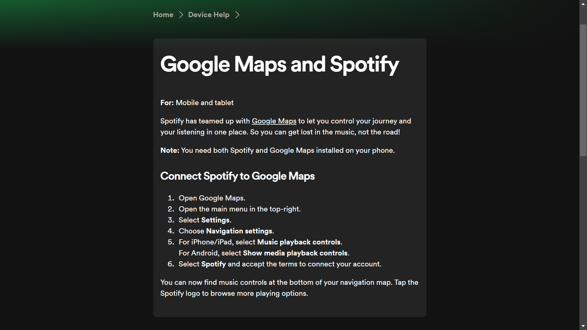 Scnreeshot of Help Guide by Spotify on using their app while using Google Maps