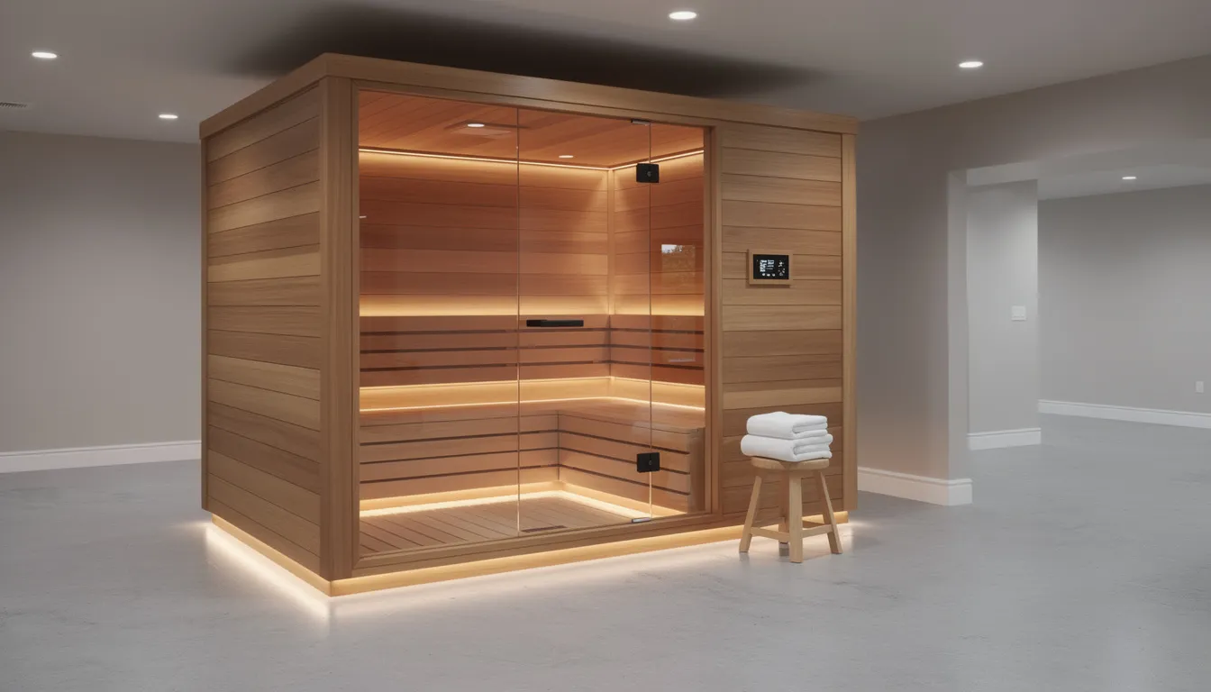 The image depicts a sleek modern indoor sauna cabin featuring a glass door, situated in a home basement illuminated by soft ambient lighting. This indoor sauna offers convenience and year-round accessibility, making it an ideal choice for relaxation and wellness routines within the comfort of your own home.