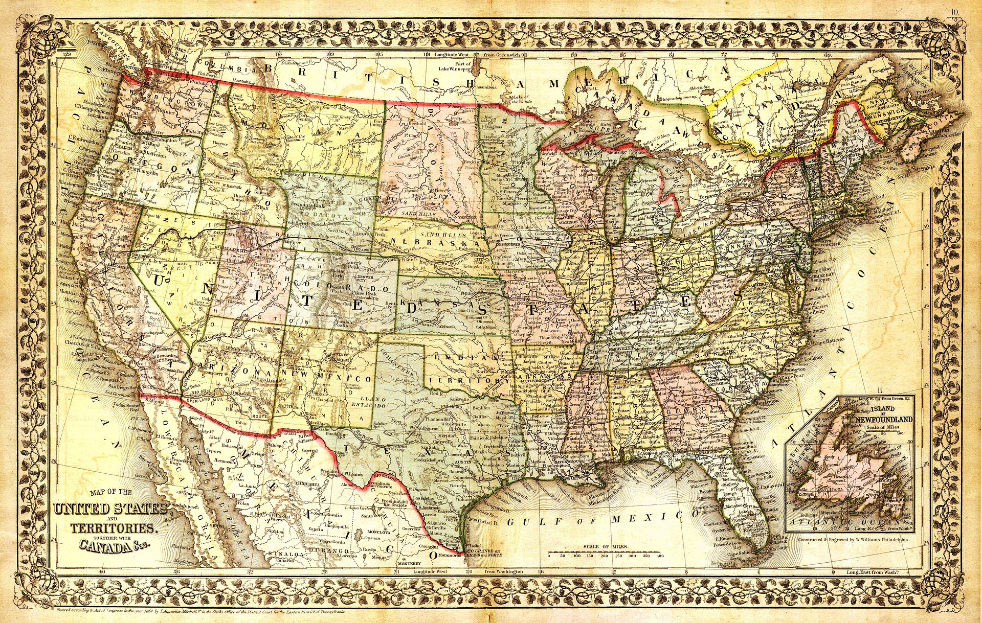 An old map showing the state boundaries of the US states