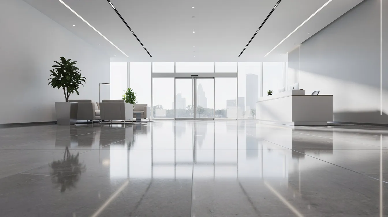 The image depicts a shiny, polished commercial floor in a bright office lobby, showcasing the results of professional cleaning services. The immaculate surface reflects the commitment to cleanliness and quality that commercial cleaning companies provide to maintain a welcoming environment for clients and employees.