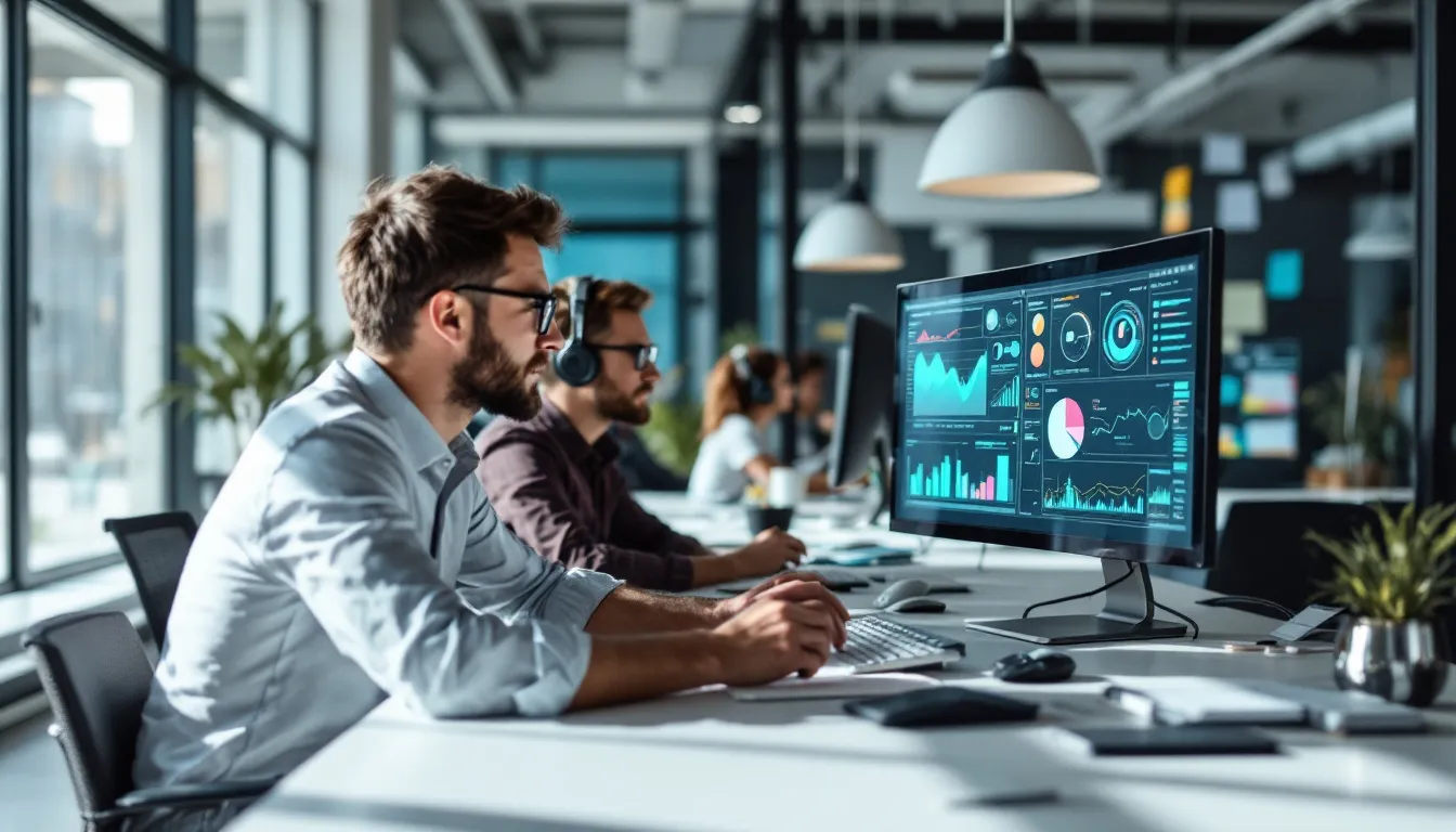 A team of data engineers is collaborating around computer screens displaying various data visualizations, showcasing their work on data integration and transformations using tools like Azure Data Factory. The atmosphere is focused and dynamic, emphasizing teamwork in managing data pipelines and ensuring data quality management.