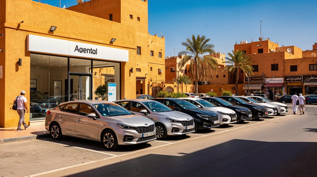 Une rangée de voitures de location est garée devant une agence dans une ville marocaine ensoleillée, illustrant la gestion de flotte pour les clients. L'agence offre une solution pratique pour la réservation et la location de véhicules, avec une visibilité sur les différents types de voitures disponibles.
