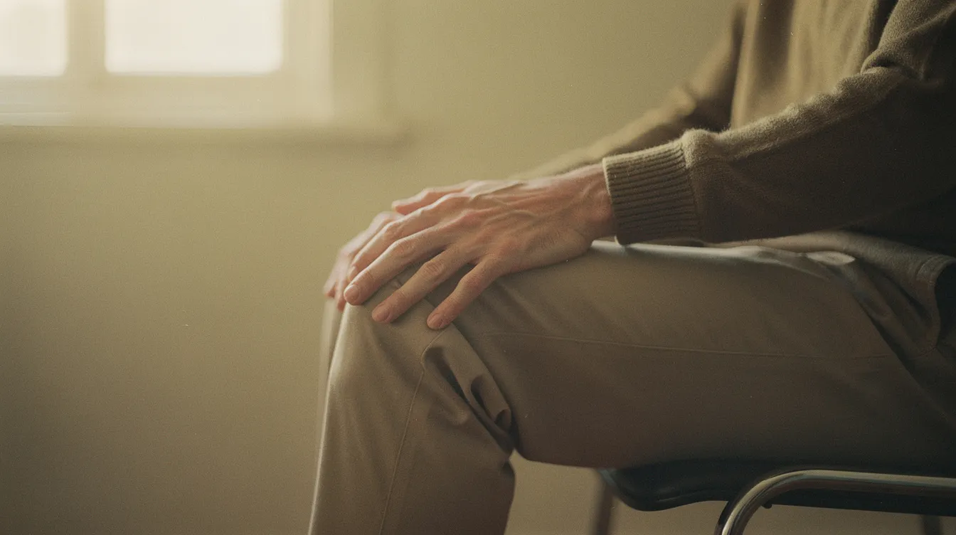 The image captures an adult's hands resting gently on one knee, bathed in warm window light that enhances the soft-focus effect, evoking a sense of emotional restraint and vulnerability. This stillness may symbolize the interplay of schema modes, reflecting the quiet tension of coping with complex emotions often associated with personality disorders and the need for emotional support.