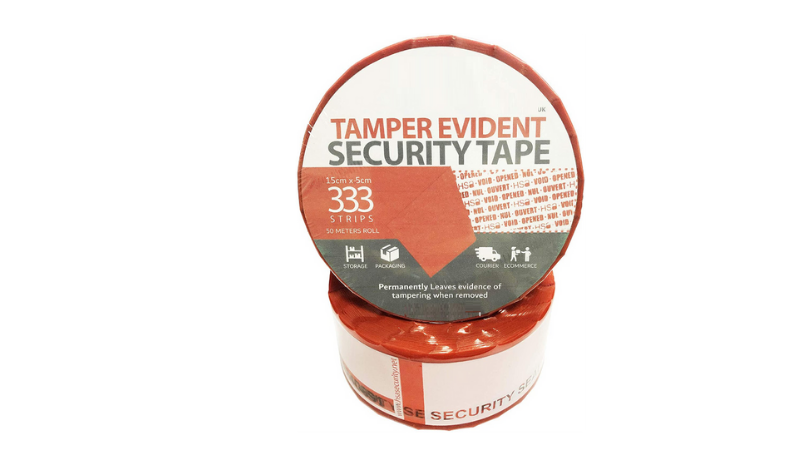 Roll of red tamper-evident tape labeled for secure high-security storage practices