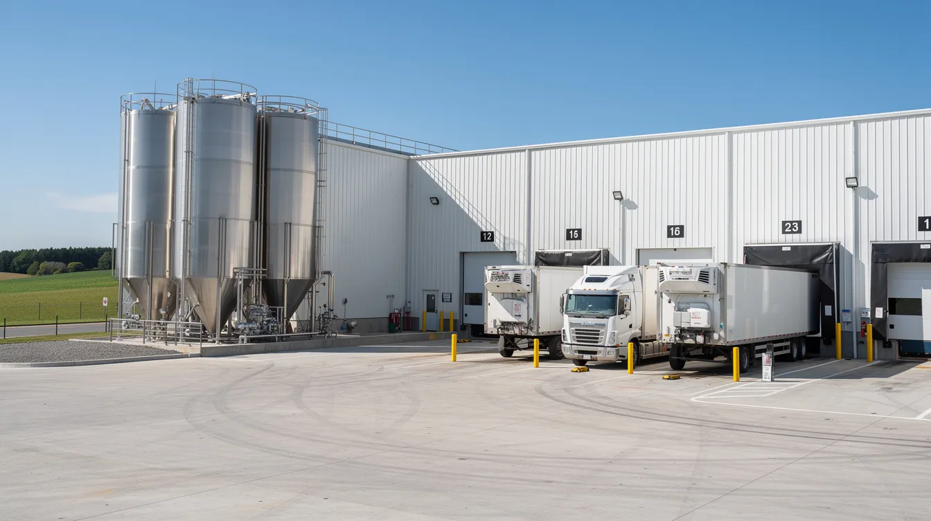 cd130c5e 3984 45cc a755 ad577e9a37bd The image depicts the exterior of a modern dairy processing facility, featuring shiny stainless steel tanks and refrigerated trucks ready for milk production. This facility is essential for dairy farming, supporting efficient milk sales and processing in alignment with contemporary agricultural practices.