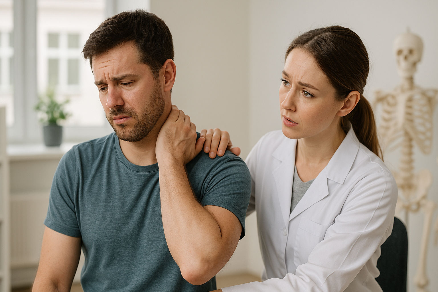 Helsepersonell undersøker nakke og skuldre – vurdering ved vedvarende hodepine.