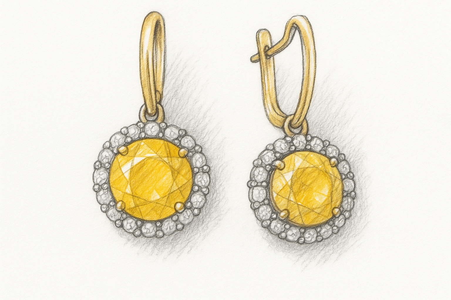 Pieštinis eskizas – auksiniai auskarai su geltonais brangakmeniais ir deimantų halo, ant balto popieriaus