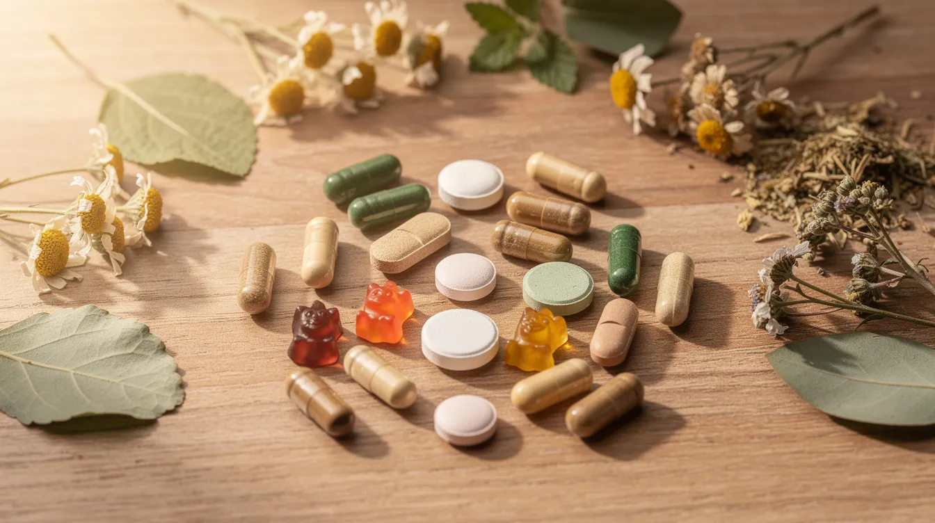 The image features an assortment of herbal capsules, tablets, and gummies displayed on a natural wooden surface, accompanied by dried botanical leaves, representing various kratom alternatives that may help manage pain and provide anxiety relief. These herbal supplements are part of the growing market for legal kratom alternatives, appealing to users seeking milder effects and safe alternatives for chronic pain and relaxation.