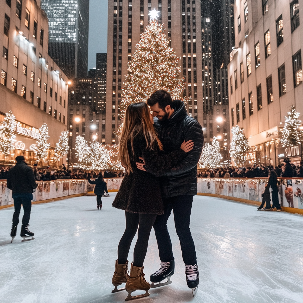 Couples ice skating at Rockefeller Center, a classic romantic activity in NYC.