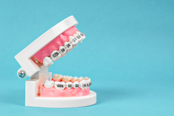 metal braces on dental model answering the question, when were braces invented?