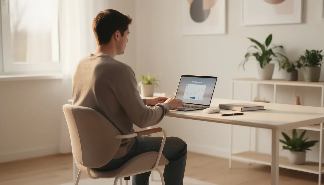A person is seated at a modern desk in a stylish home office, focused on their laptop computer. The workspace is well-organized, reflecting a professional appearance, and may include educational materials such as diplomas or certificates to enhance the environment.