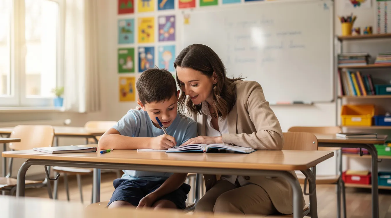 Na obrazku widać nauczyciela wspomagającego pracującego indywidualnie z uczniem przy szkolnym biurku, skupionego na jego potrzebach edukacyjnych i postępach. Nauczyciel wykorzystuje r&oacute;żne narzędzia dydaktyczne, aby dostosować zajęcia do możliwości psychofizycznych ucznia.