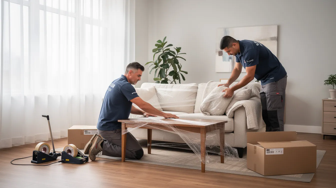 In a bright living room, professional movers are carefully wrapping furniture with bubble wrap and premium packing materials, ensuring that all household items are securely prepared for the moving process to their final destination. This scene highlights the expertise and attention to detail provided by a trained team, making the home relocation a stress-free experience for clients.